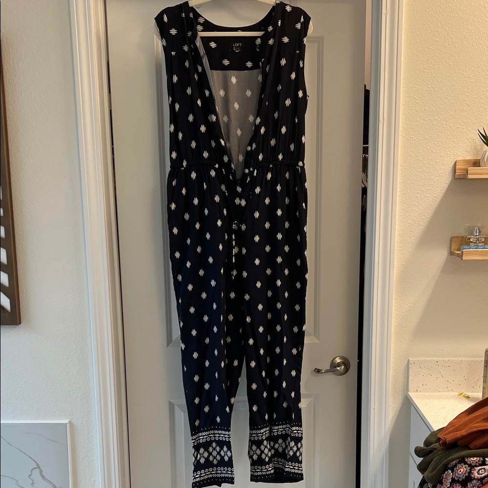 LOFT Navy and White Patterned Jumpsuit